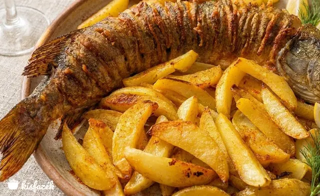 Sült csuka ropogós szalonnával és tepsis burgonyával